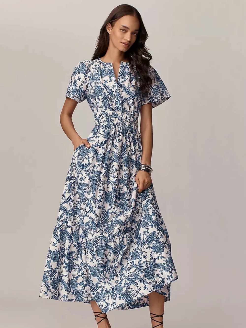 Anthropologie Somerset Maxi in Ivory Blue Fern Floral Tiered Cotton Dress